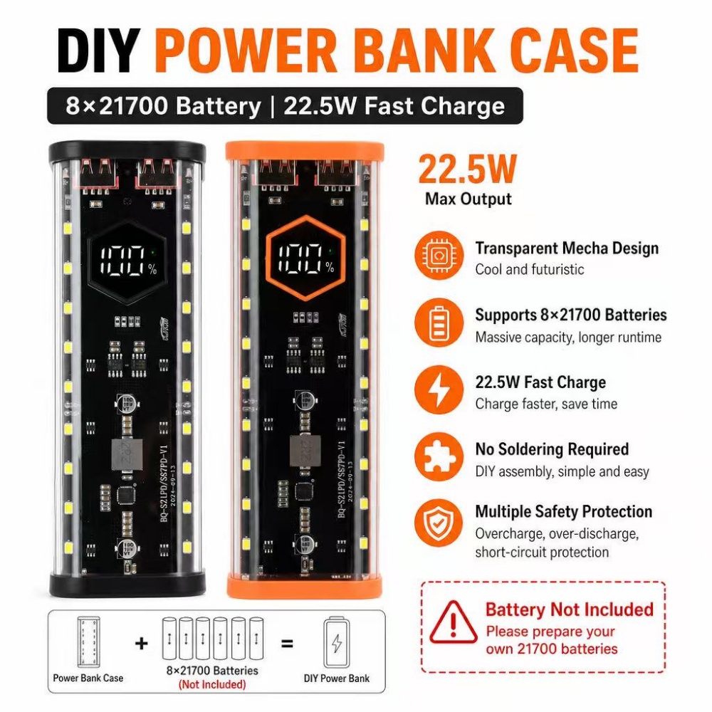 Diy Electronics Hobby - 8*21700 Batterijhouder 22,5W Snel opladen DIY